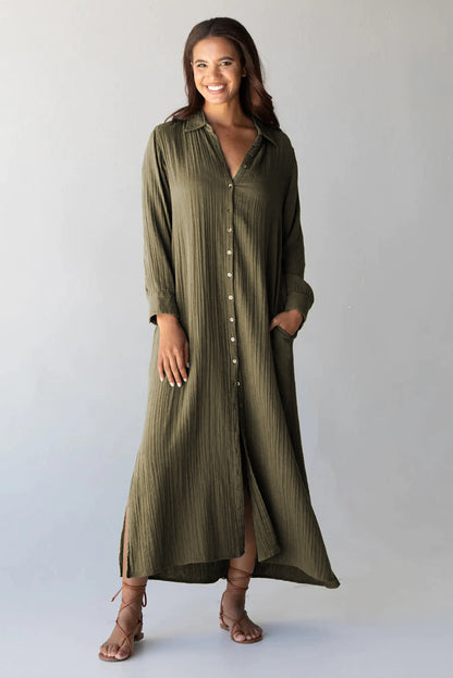 Green Crinkled Pocketed Side Slits Loose Maxi Dress - Eloy Royal