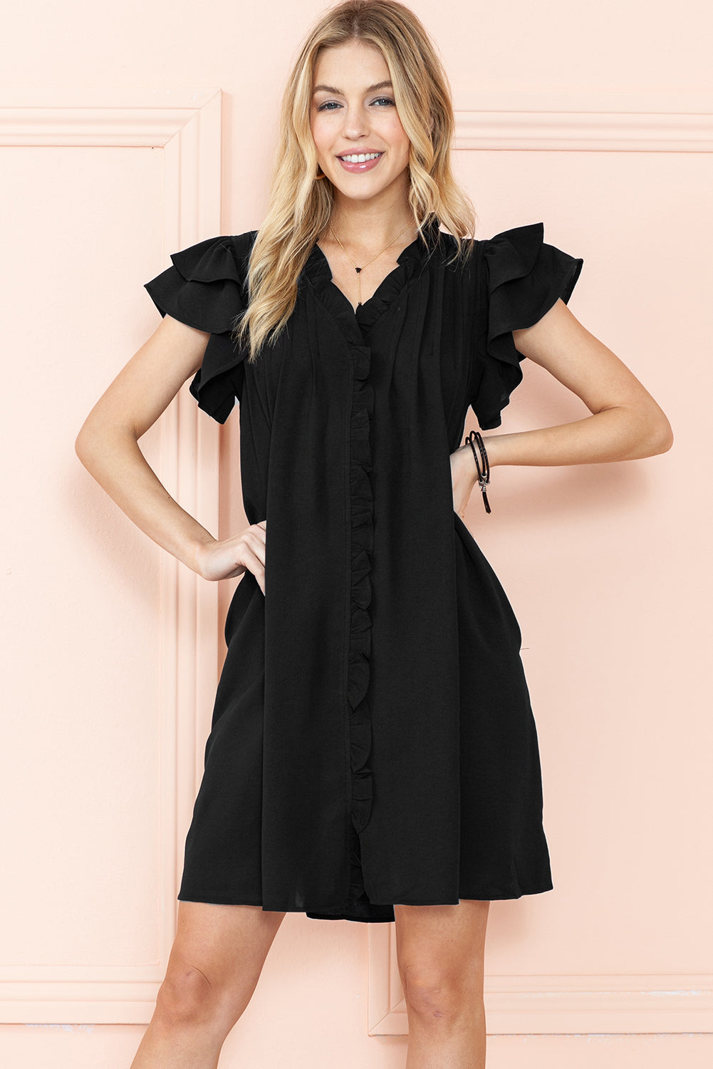 Black Ruffle Sleeve V Neck Frilled Shift Dress - Eloy Royal