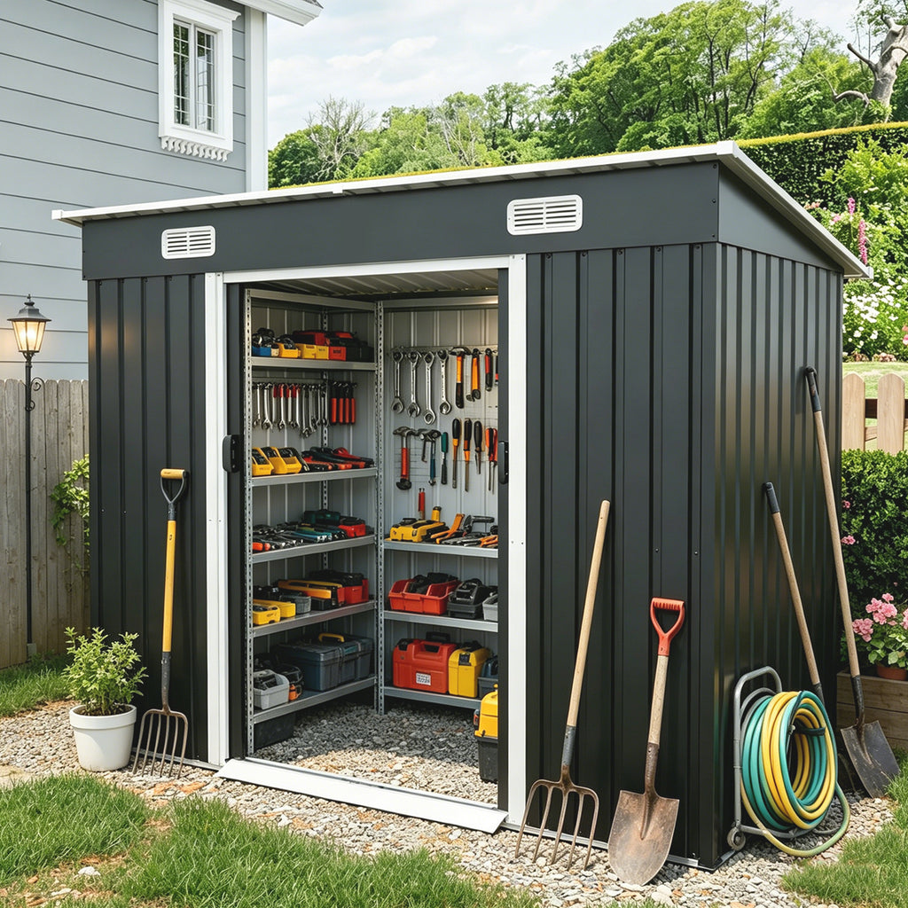8x4ft Metal Shed, Sliding Door Galvanized Steel Shed with Lock Hole, Air Vents & Threshold, Outdoor Garden Tool Shed(7.84*4.04 FT)