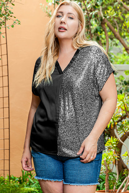 Wholesale Black Plus Size Sequined V Neck Tee - Eloy Royal