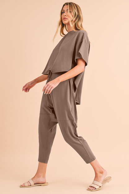 Taupe Batwing Sleeve High Low Tee and Drawstring Crop Pants Set - Eloy Royal