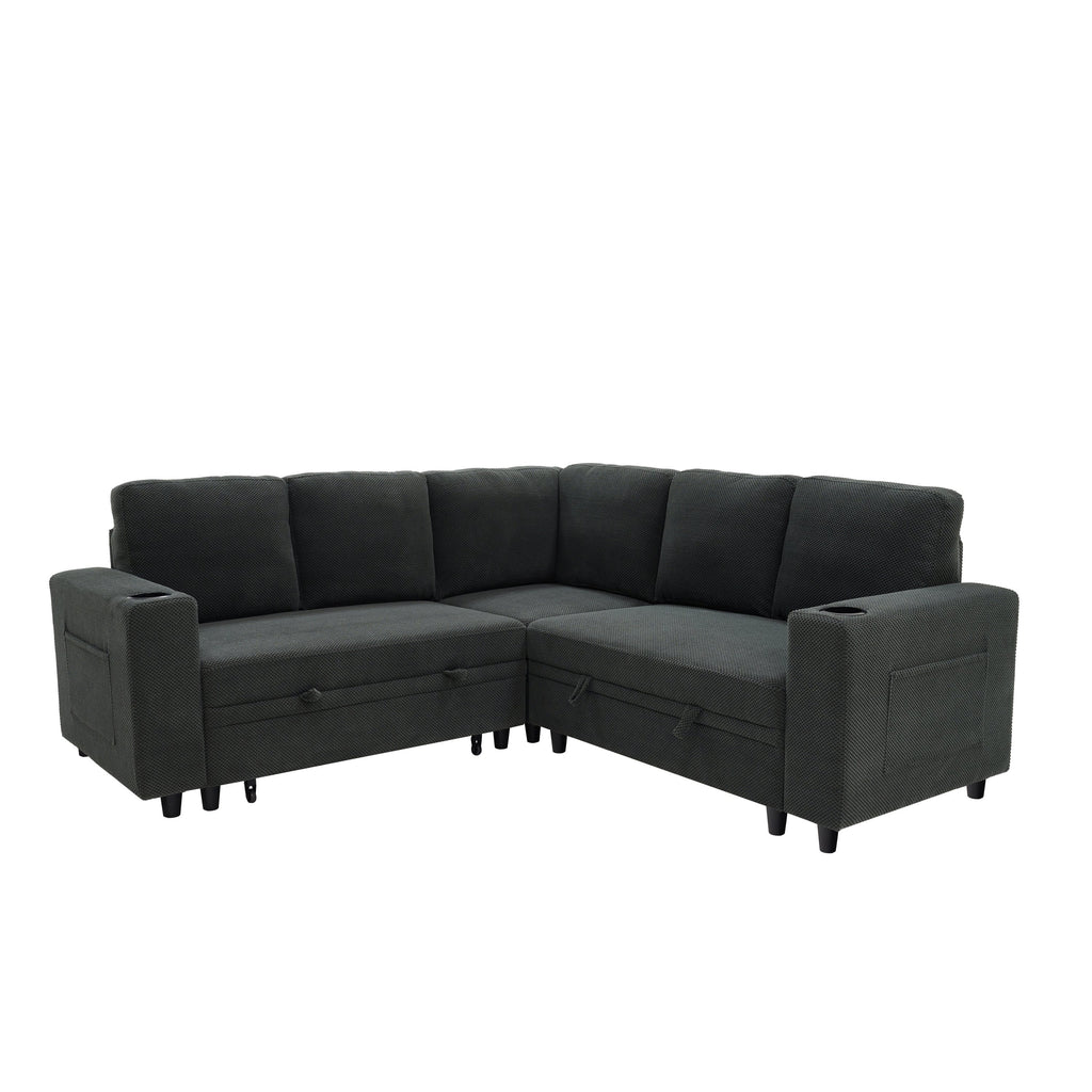 Foil Fabric upholstered L-Shape Sectional Sofa Bed with Pull Out Sleeper and Storage, Convertible Corner Couch with Cup Holders & Side Pockets for Living Room