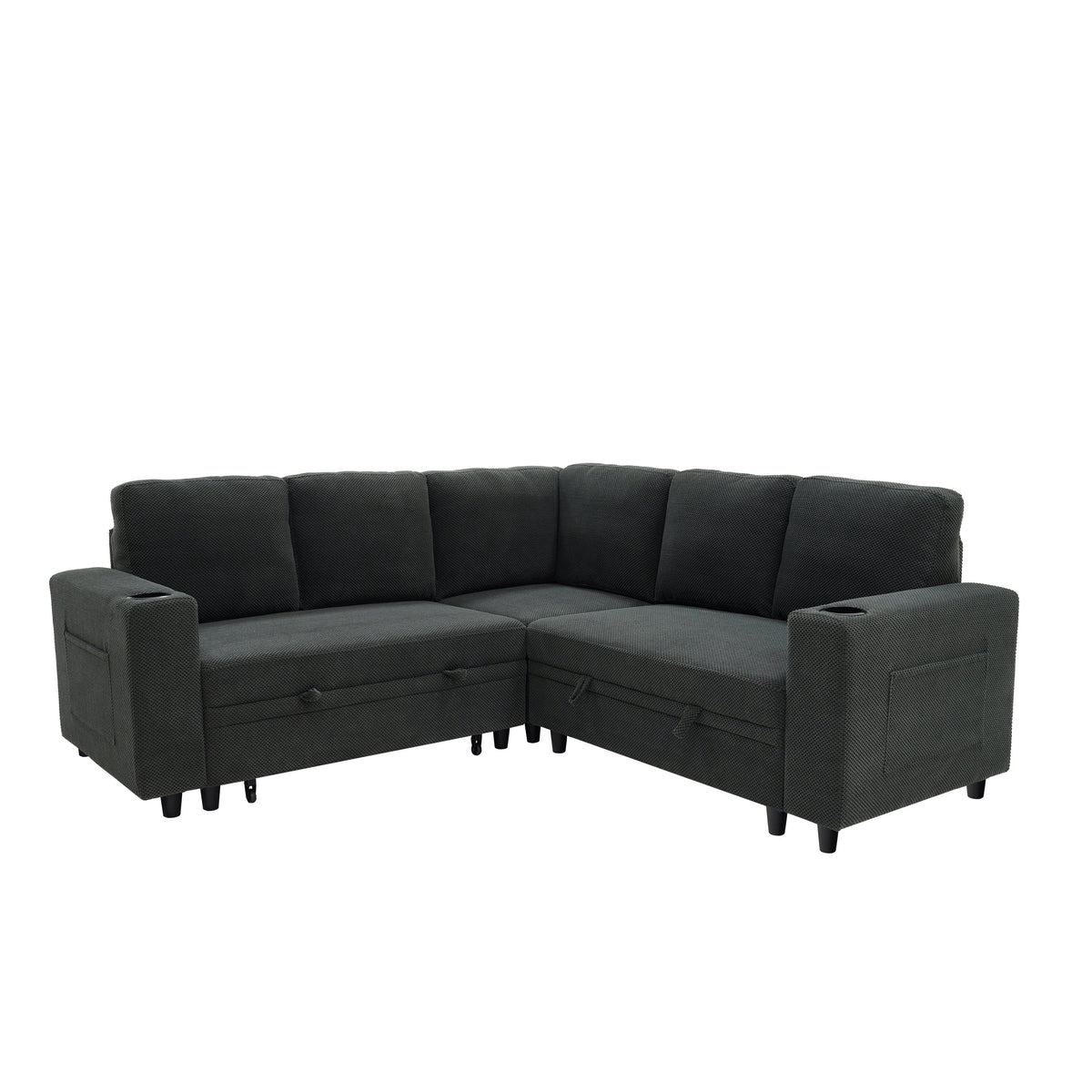 Foil Fabric upholstered L-Shape Sectional Sofa Bed with Pull Out Sleeper and Storage, Convertible Corner Couch with Cup Holders & Side Pockets for Living Room