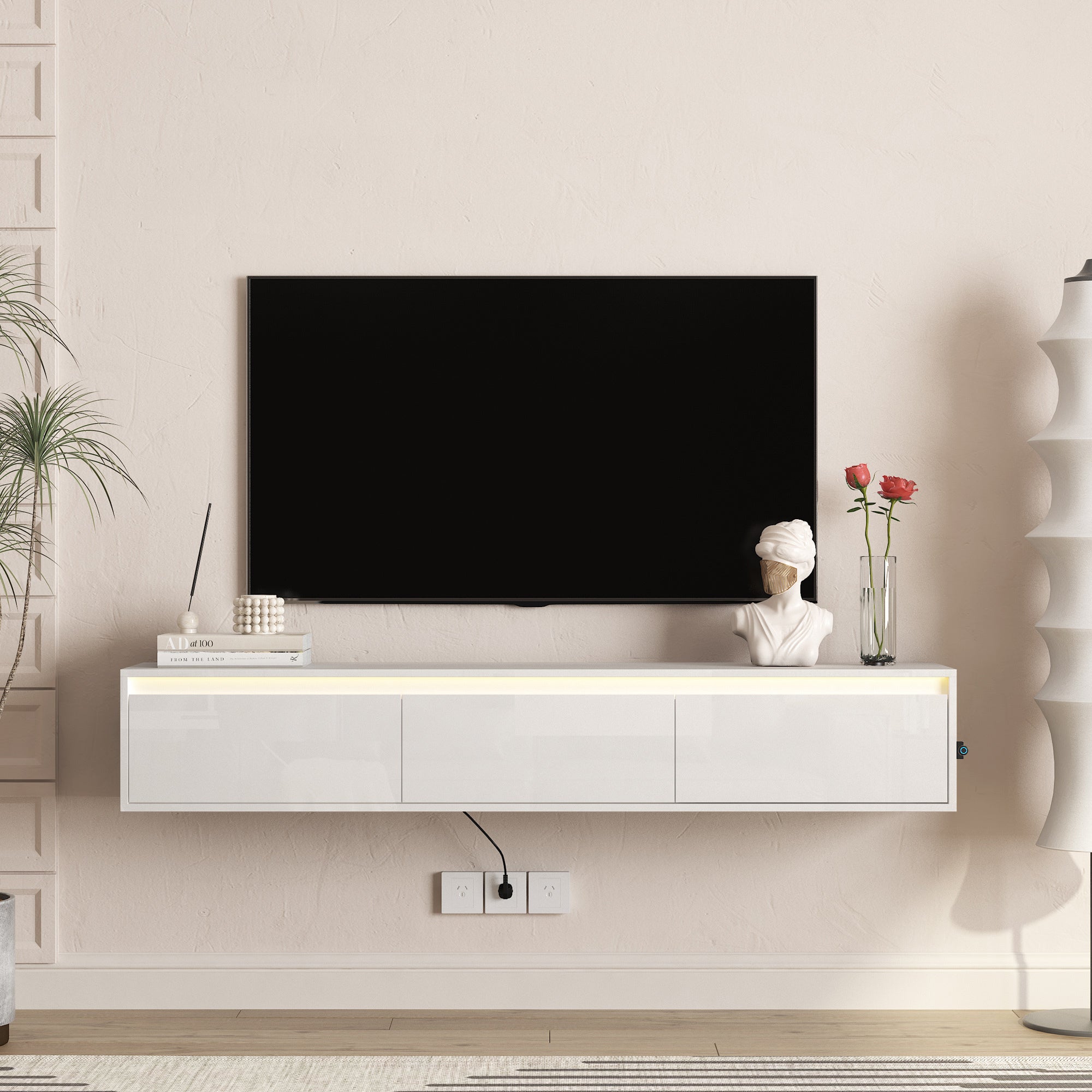 Floating TV Stand, Wall Mounted TV Shelf with Led Lights & Power Outlet,High Gloss TV Cabinet for  White tv Stands for Living Room