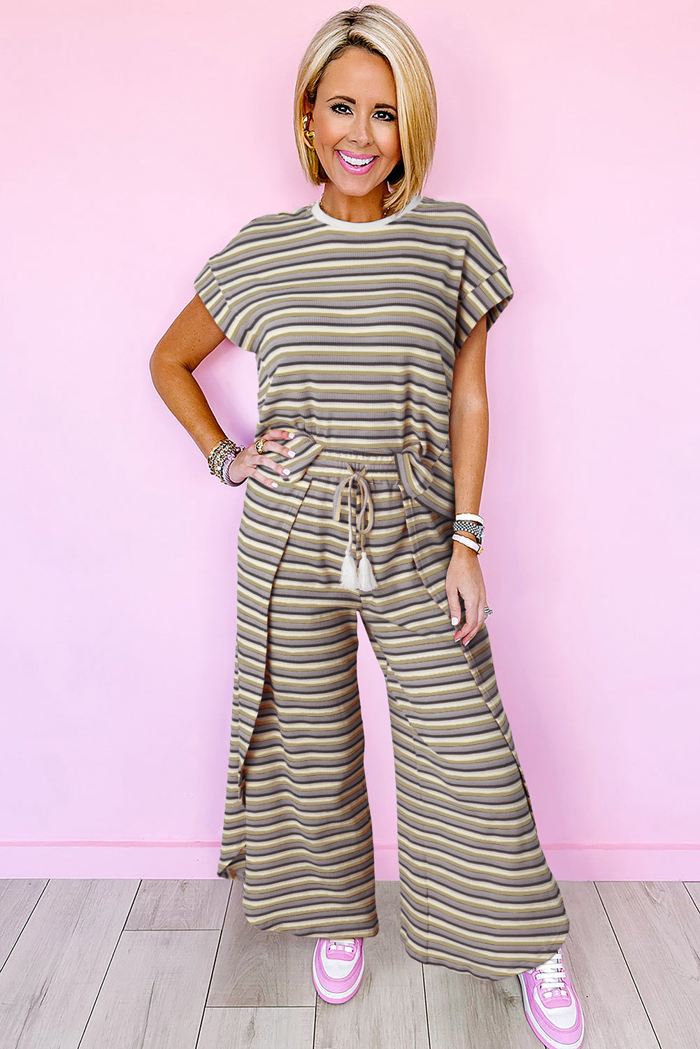 Pink Stripe Rainbow Tee and Tassel Drawstring Wide Leg Pants Set - Eloy Royal