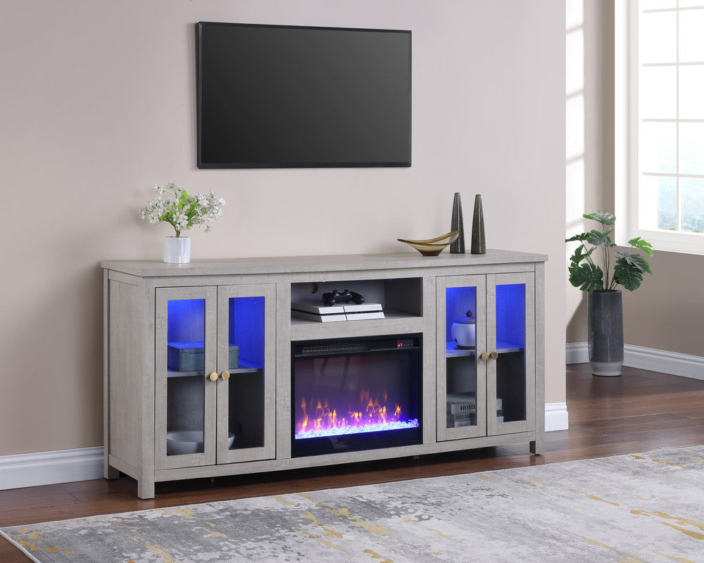 Emerson 70'W Light Gray Finish Fireplace TV Stand Console with Heater, LED Light, Cabinets, Shelves