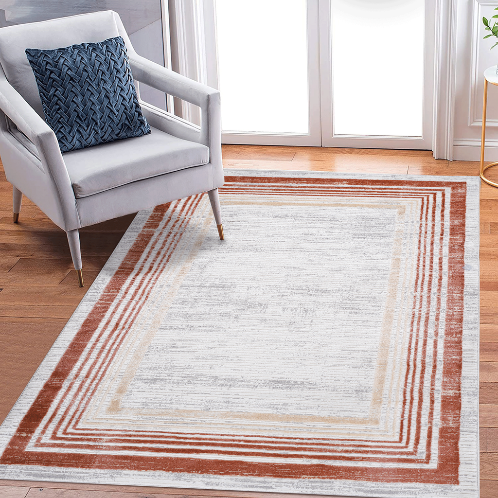 MARFI Collection 7.9X10. Brown / Ivory / Bordered Area Rug Modern, Contemporary, Non-Shedding & Easy to Clean, Ideal for Living Room, Bedroom, Dining Space, 120*93 inch
