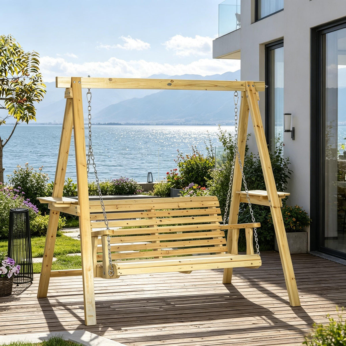 (Old SKU:T3971S00279)2-Seat orch Swing with Stand, Wooden Patio Swing Chair with Side Tables and Metal Chains, Outdoor Hanging Bench