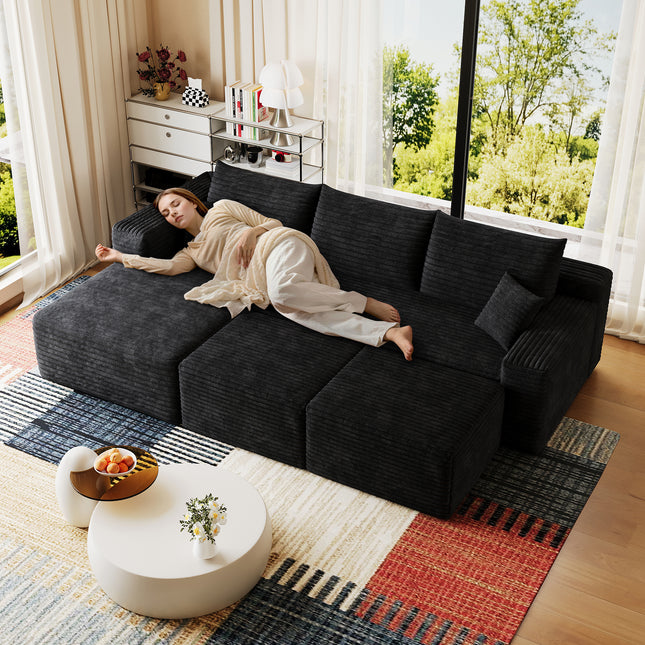 95' Cloud Sectional Sofa with 2 Ottoman,Modern Minimalist Upholstered Couches, Comfort U Shaped Sofa for Living Room,Deep Seat Corner Couch,No Assembly Required,Black (Plush Corduroy Fabric)