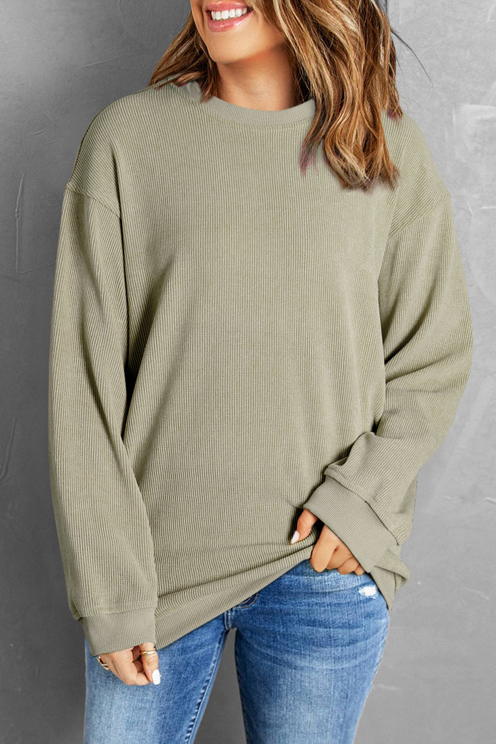 Khaki Solid Ribbed Round Neck Pullover Sweatshirt - Eloy Royal