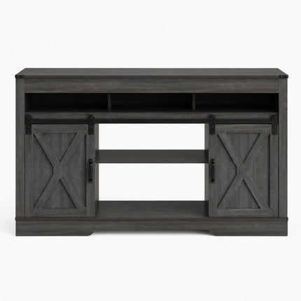 Modern Farmhouse TV Stand in Dark Grey with Sliding Barn Doors for 65+ Inch TV, Engineered Wood Construction, 58' W x 16' D x 34' H