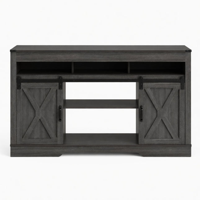 Modern Farmhouse TV Stand in Dark Grey with Sliding Barn Doors for 65+ Inch TV, Engineered Wood Construction, 58' W x 16' D x 34' H