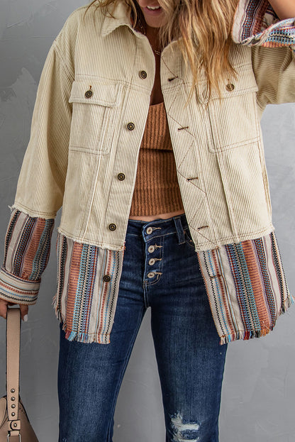 Wholesale Beige Button Up Pockets Striped Color Block Corduroy Jacket - Eloy Royal