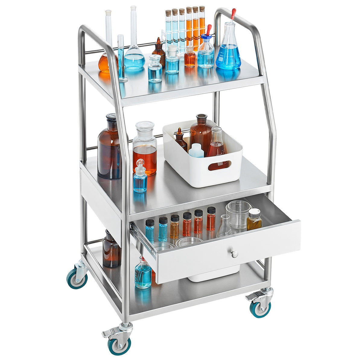 Lab Serving Cart, 3 Layers Stainless Steel Utility Rolling Cart, Medical Cart with A Drawer, Dental Utility Cart with Lockable Wheels, for Laboratory, Hospital, Dental Use