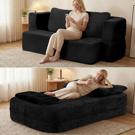 Convertible Sofa Bed with Blanket, Boneless Cloud Couch Queen Scott Fabric for Living Room Bedroom, 
Modular Loveseat with High-Density Solid Sponge No Assembly,Black.