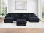 Contemporary Modern 6-PC Modular U-Sectional Sofa Set USB Cup Holder Black Finish Corduroy Living Room Furniture Couch