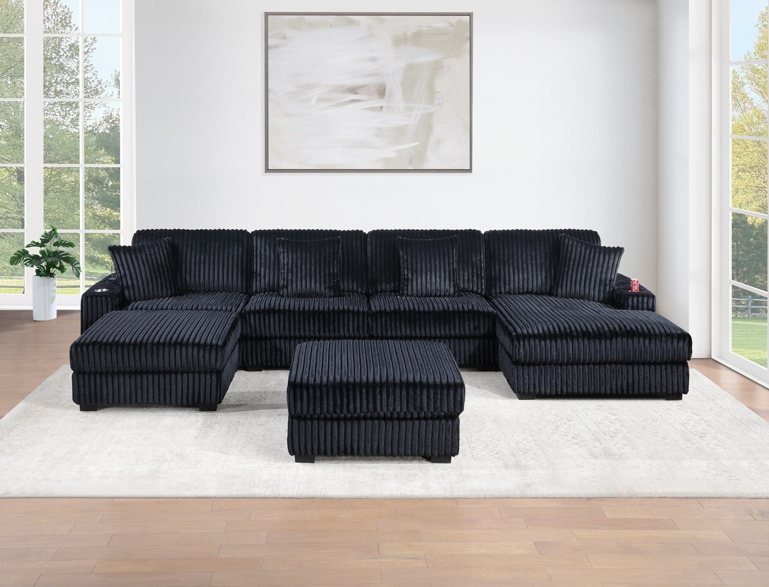 Contemporary Modern 6-PC Modular U-Sectional Sofa Set USB Cup Holder Black Finish Corduroy Living Room Furniture Couch
