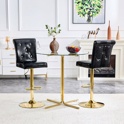 Modern Bar Table and Stools Set, Round Glass Top Pub Table with Gold Chrome Base & 2 Black Crocodile Embossed PU Leather Bar Stools with Adjustable Height & Swivel, Home Bar Bistro Set