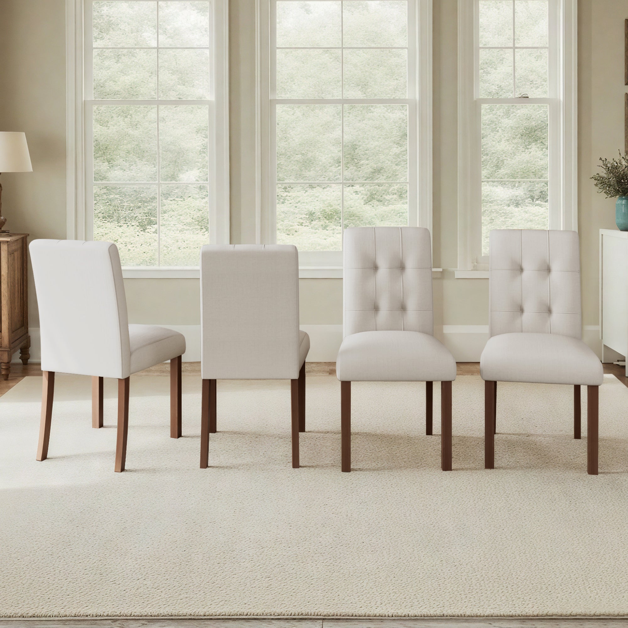 Wooden Dining Chairs Set of 4, Modern Dining Room Chairs with Back, Fabric Kitchen Side Chairs with Wood Legs, Beige + Walnut