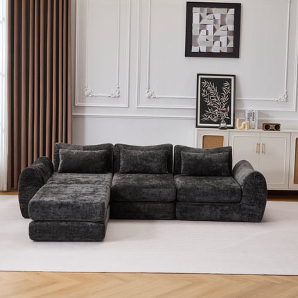 Foldable Wave Star Modular Sofa, Chenille Fabric for Living Room & Bedroom, Instant Expansion Comfortable Creative Furniture with 1 Middle Seat, 1 Ottoman and 1 Side Chaiseest,Black.