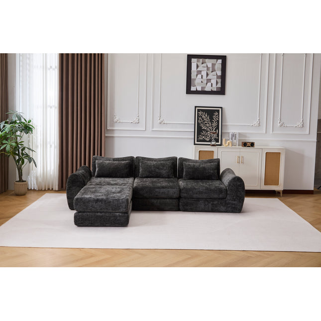 Foldable Wave Star Modular Sofa, Chenille Fabric for Living Room & Bedroom, Instant Expansion Comfortable Creative Furniture with 1 Middle Seat, 1 Ottoman and 1 Side Chaiseest,Black.
