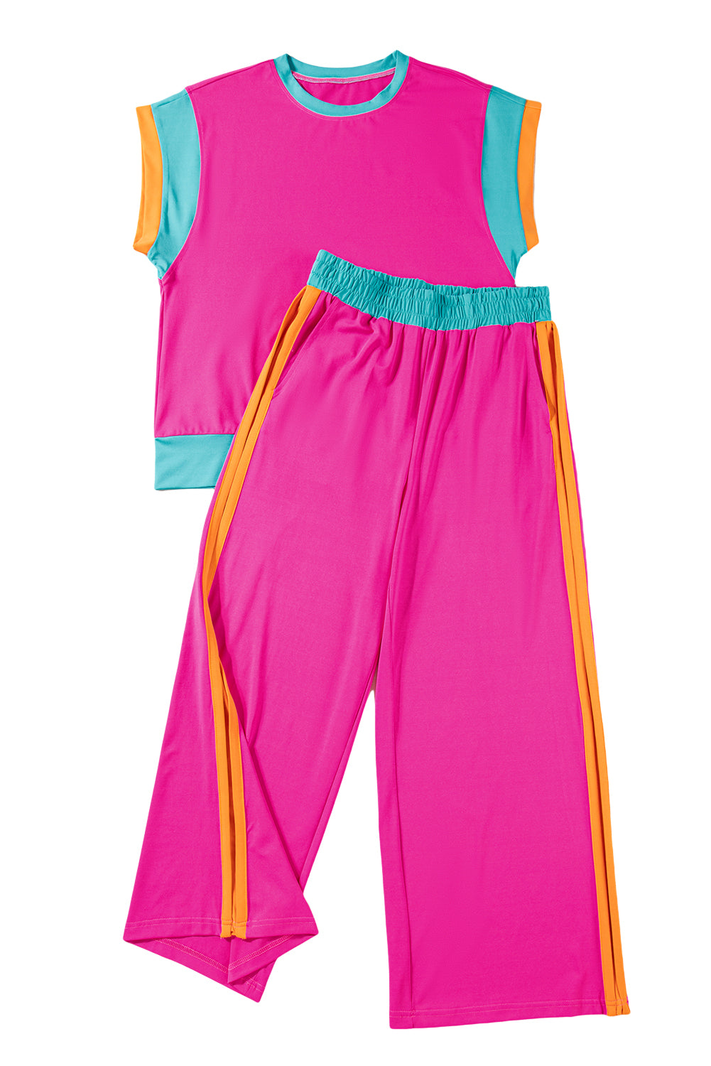 Strawberry Pink Colorblock Cap Sleeve Tee and Wide Leg Pants Set - Eloy Royal