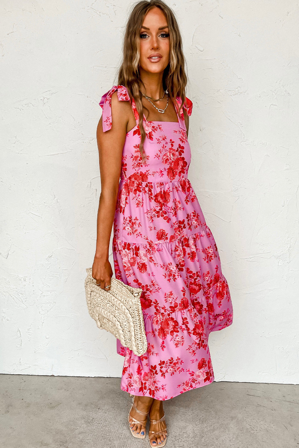 Pink Tie Shoulder Straps Tiered Floral Dress - Eloy Royal