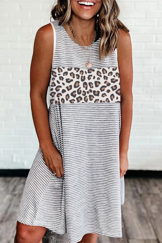 Gray Striped Leopard Patchwork Short Tank Dress - Eloy Royal