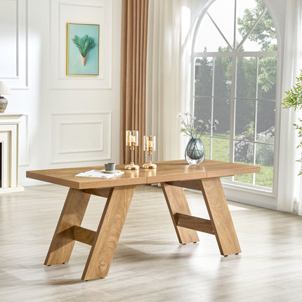 71×31.5inches Light Wood Grain MDF Splicing Rectangular Dining Table.Double-panel outward-sloping table legs.Modern dining table for home use. Accommodates 6-8 people,versatile for multiple scenarios.