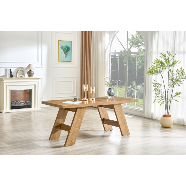 71×31.5inches Light Wood Grain MDF Splicing Rectangular Dining Table.Double-panel outward-sloping table legs.Modern dining table for home use. Accommodates 6-8 people,versatile for multiple scenarios.