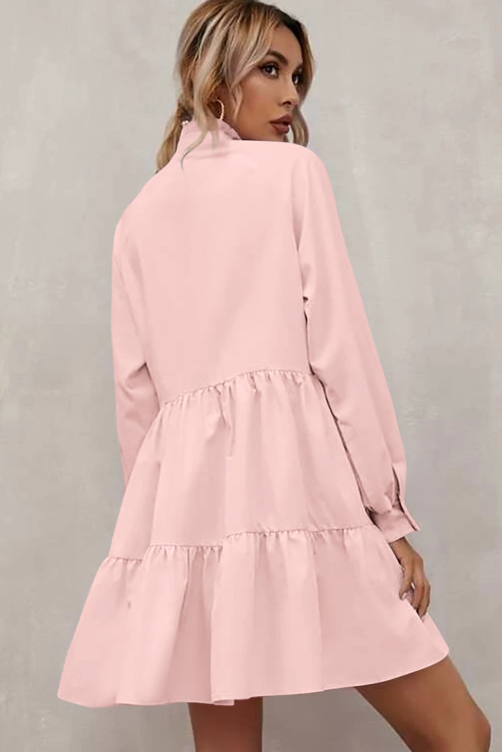 Pink Casual Stand V Neck Short Frill Dress - Eloy Royal