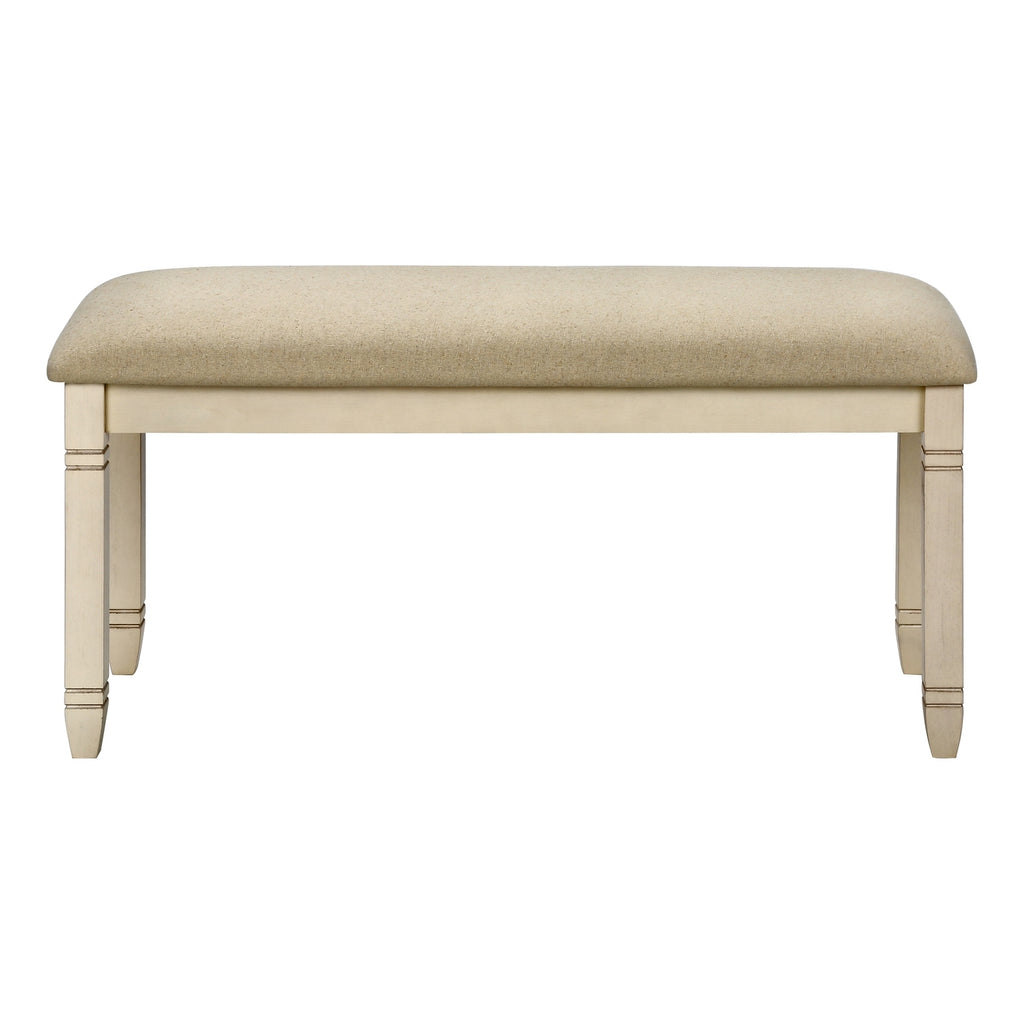 Transitional Bench, 41' Rectangular, Kitchen, Dining Room, Entryway, Bedroom, Upholstered, Antique White Solid Wood, Beige Linen-look Fabric