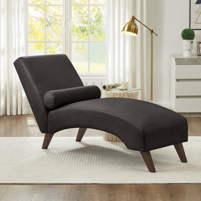 Chaise Lounge Chair with Bolster Pillow, Upholstered in Premium Tech Fabric – Mid-Century Modern Curved Lounger for Living Room, Bedroom & Reading Nook, 400 lbs Capacity, Dark Gray