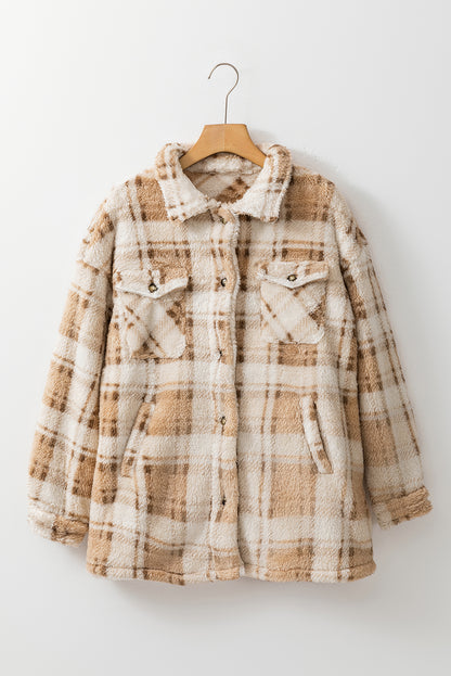 Khaki Sherpa Plaid Button Pocketed Jacket - Eloy Royal