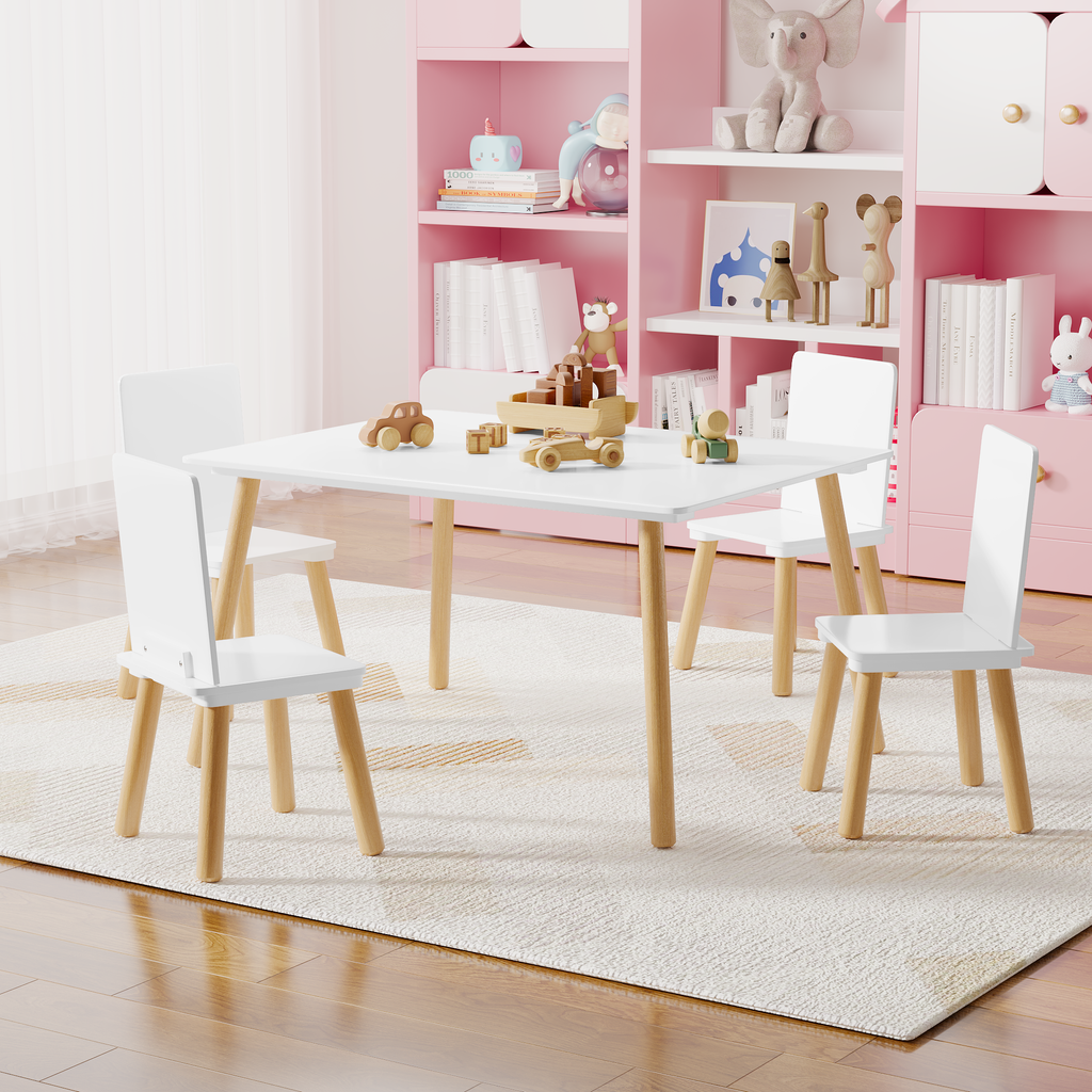 Kids Table and 4 Chairs Set, 5 Pieces Toddler Table and Chair Set, Wooden Activity Play Table Set (White)
