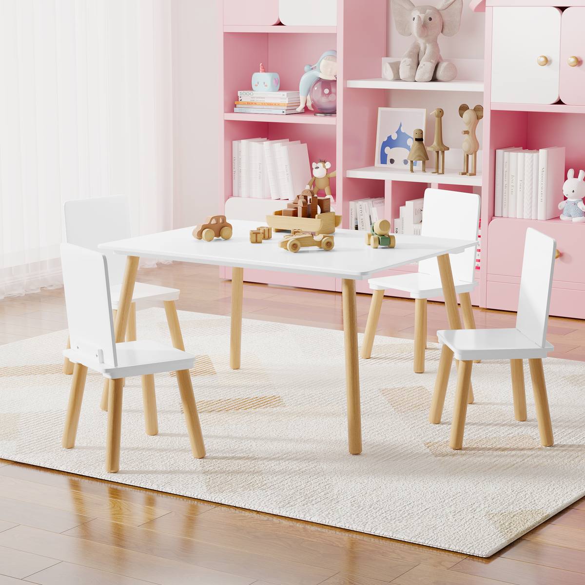 Kids Table and 4 Chairs Set, 5 Pieces Toddler Table and Chair Set, Wooden Activity Play Table Set (White)
