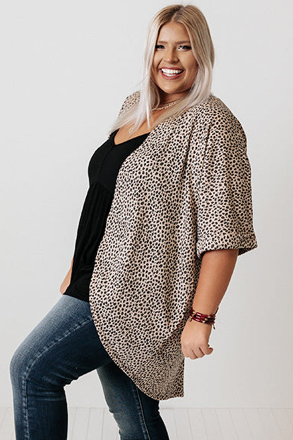 Khaki Plus Size Leopard Print Half Sleeve Open Front Cardigan - Eloy Royal