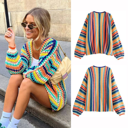 Autumn New Rainbow Bar Cardigan Long Sleeve Wide Songou Meibo Sweater Coat