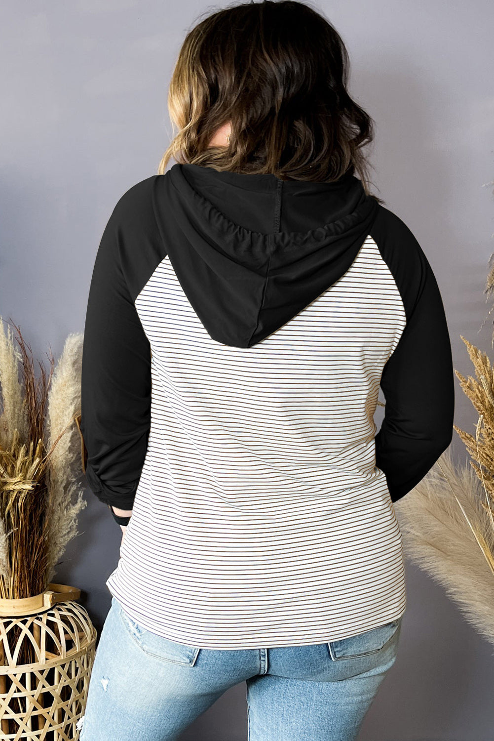 Black Striped Raglan Sleeve Pocket Plus Size Hoodie - Eloy Royal