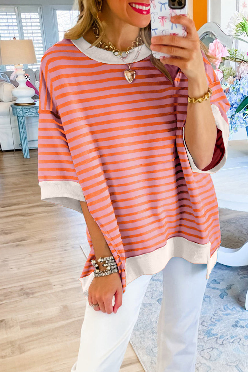 Pink Stripe Colorblock Drop Sleeve Loose Top - Eloy Royal