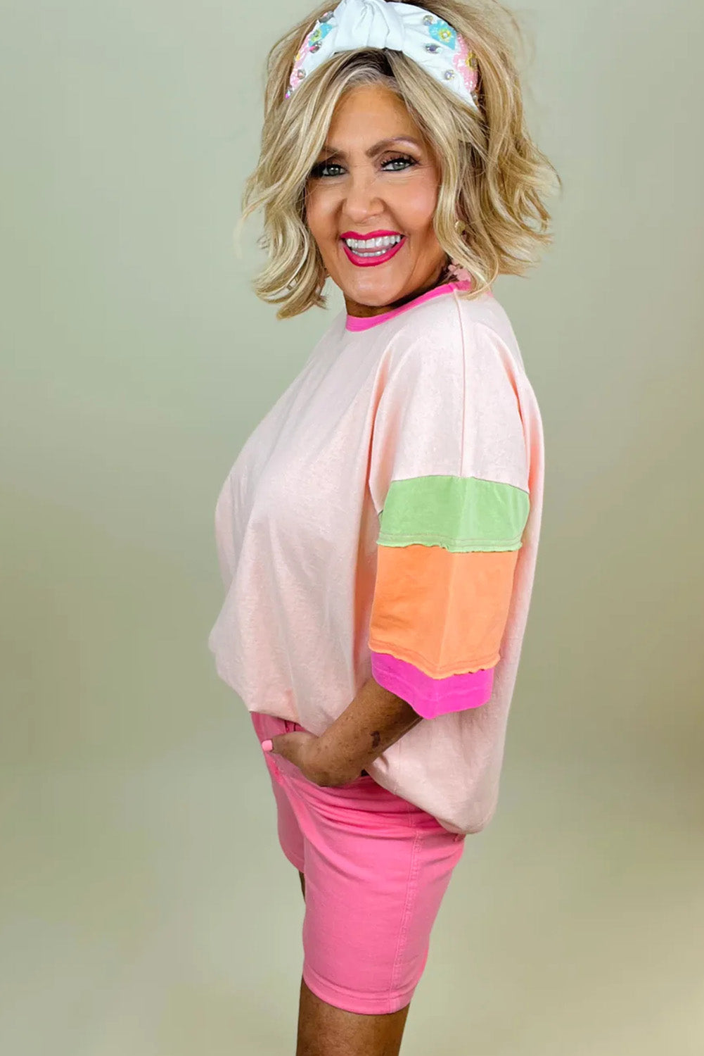 Pink Color Block Half Sleeve O Neck Plus Size T Shirt - Eloy Royal