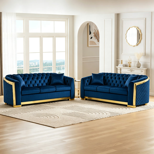 2 Piece 81' Luxury Velvet Chesterfield Sofa Set, Tufted 3 Seat Couch with Gold Stainless for Living Room, Navy Blue Fabric, New Package