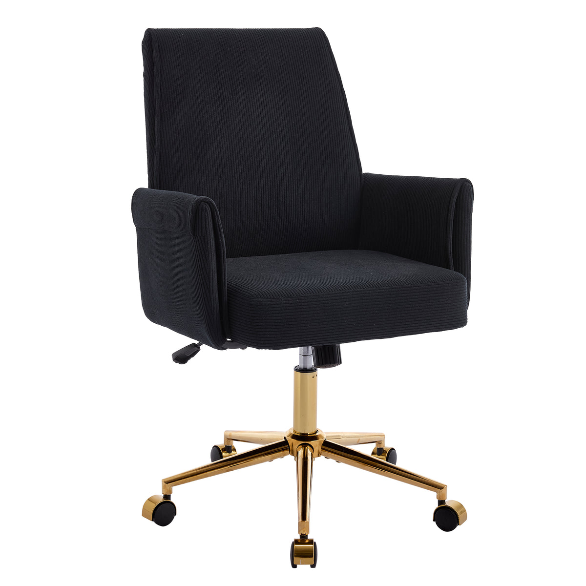 Ergonomic Mid-Back Office Chair with Striped Fabric, Black Corduroy Upholstery, Gold Metal Base, 25.2 x 24.0 x 39.0 Inches