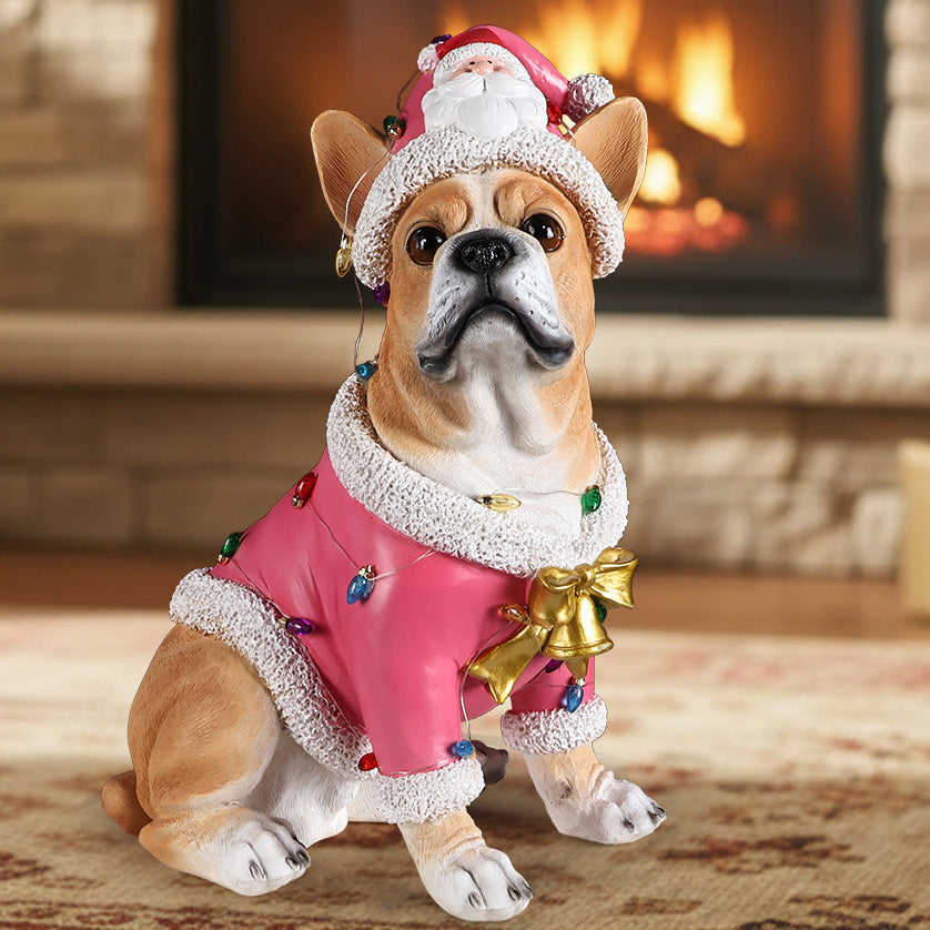 Christmas French Bulldog Statue,Holiday Dog Figurine in Pink Santa Outfit
