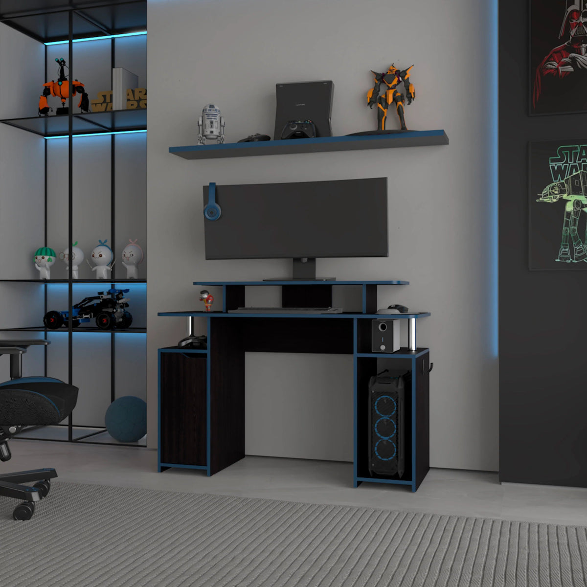 Blue Accents Minimalist Gaming Desk with Elevated Monitor Shelf