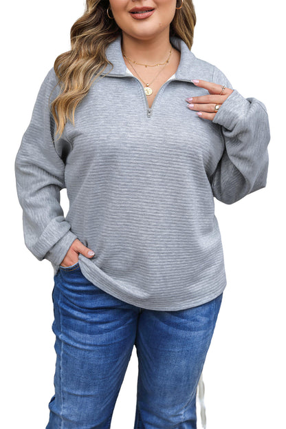 Light Plus Size Grey Quarter Zipper Collared Ribbed Knit Top - Eloy Royal