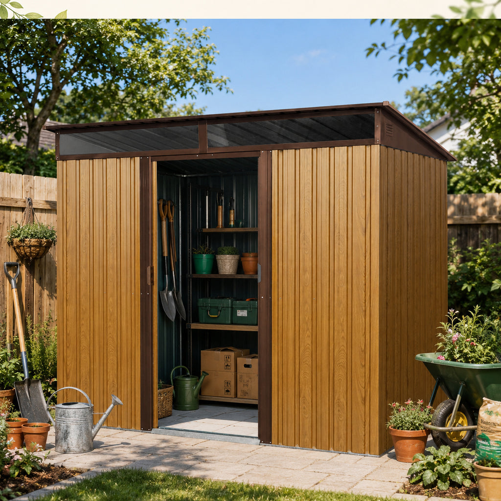 8ft x 6ft Outdoor Metal Storage with Lockable Sliding Doors and Transparent plate for Garden, Lawn (Coffee)(W540P185316)
