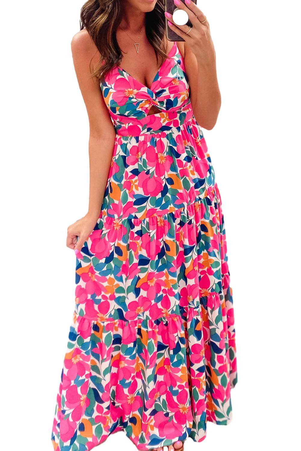 Rose Floral Twist V Neck Tiered Cami Maxi Dress - Eloy Royal