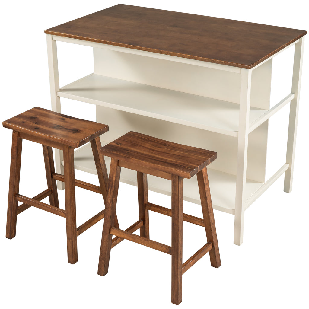 TOPMAX Rustic 3-piece Stationary Kitchen Island Set with Butcher Block and Seating, Walnut and Cream White