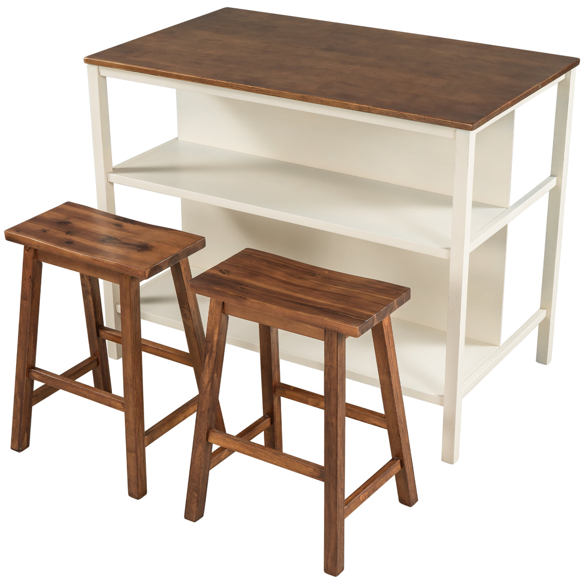 TOPMAX Rustic 3-piece Stationary Kitchen Island Set with Butcher Block and Seating, Walnut and Cream White